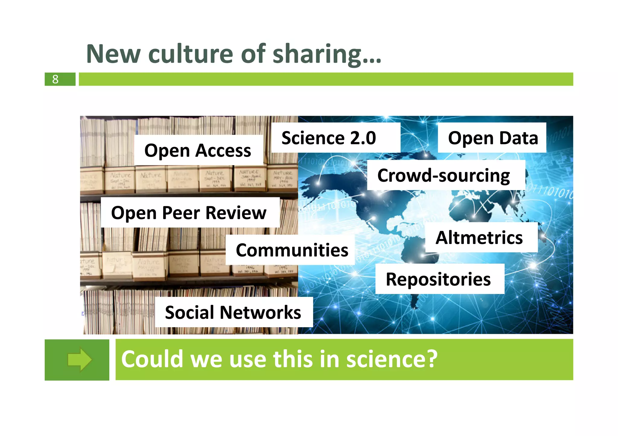 8
New culture of sharing…
Social Networks
Communities
Crowd-sourcing
Open Data
Open Access
Repositories
Altmetrics
Open Peer Review
Science 2.0
Could we use this in science?
 