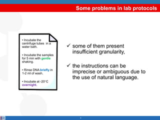 Some problems in lab protocols
 some of them present
insufficient granularity,
 the instructions can be
imprecise or amb...