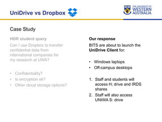 Case Study
PAWSEY vs Dropbox
HDR student query
Can I use Dropbox to transfer
confidential data from
international companie...