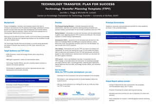 Process:
Pre-Proposal Scoping Reviews — Included discussions with key
stakeholders, extensive web searches seeking existing templates and
process models, and estimation of the number of potential users of a TTPT.
Needs Analysis — Conducted a survey and interviews with key stakeholders
to gather input regarding desired TTPT functions and features. This process
resulted in a tiered listing of specifications.
Development Effort — Questions for the template were derived from the
Need to Knowledge Model and SBIR grant proposal selection criteria.
Resources, tools, and examples primarily came from the NtK Model, but
also include other KT4TT products.
User Testing — Participants will use the TTPT and react to its design and
capabilities. An online user testing tool (Loop 11) will enable the project
team to determine what aspects of the TTPT are working well, and which
appear to need modifications. Questionnaire and follow up interviews will
be used to gather reactions.
TTPT Launch — Once user feedback has been incorporated into the
TTPT’s design, a full scale rollout will commence. A marketing campaign
will target potential users, including grantees, potential grant applicants,
federal agencies who fund R&D, technology transfer offices, and individual
inventors.
Get Involved!
While the TTPT is under development, you can:
•	Download the list of questions that will be embedded in the template.
•	Participate in user testing activities to provide feedback before the
product launch.
•	Add your email address to our mailing list so we can notify you when
the TTPT is launched.
TECHNOLOGY TRANSFER: PLAN FOR SUCCESS
Technology Transfer Planning Template (TTPT)
Jennifer L. Flagg  Michelle M. Lockett
Center on Knowledge Translation for Technology Transfer — University at Buffalo, SUNY
Center on Knowledge Translation
for Technology Transfer
Background:
Project investigators, inventors, and business owners who plan to
introduce new products into the assistive technology marketplace achieve
greater success when they plan their development and transfer efforts,
and conduct rigorous business, market, and technical analyses prior to
making large investments of limited resources.
Planning can be aided by process models, such as the Need to Knowledge
(NtK) Model. Business and engineering analyses can be simplified through
the use of relevant tools.
The Technology Transfer Planning Template is currently being developed
and tested to provide easy access to the NtK, tools, resources, and
examples.
Target Audience and TTPT Uses:
•	RERC Grantees: create technology transfer plans (required by
NIDILRR).
•	SBIR grant applicants: create commercialization plans.
•	Technology Transfer Offices: use with university-based inventors to
explore commercial potential.
•	All Grantees or applicants who intend to generate devices: plan
development and transfer activities.
Prototype Screenshots:
Guidance, resources, and examples are provided for many questions,
as shown in the screenshot below.
The contents of this poster were developed under a grant from the National Institute on Disability, Independent Living, and Rehabilitation Research
(NIDILRR grant number 90DP0054-01-00). NIDILRR is a Center within the Administration for Community Living (ACL), Department of Health and
Human Services (HHS). The contents of this poster do not necessarily represent the policy of NIDILRR, ACL, HHS, and you should not assume
endorsement by the Federal Government.
Center on Knowledge Translation for Technology Transfer
Center on Knowledge Translation for Technology Transfer  RD Projects  Development  Technology Transfer Planning Template  User System
Technology Transfer Planning Template
Welcome to the Technology Transfer Planning Template (TTPT). The purpose of this tool is to guide you through the creation of
technology transfer and commercialization plans.
•	 The TTPT will lead you through answering a series of questions related to your RD plans and progress,
	 and help you apply best practices for delivering new products to the marketplace.
•	 The questions will prompt thinking about technology transfer and commercialization, and resources are provided 		 	
throughout to aid in answering each question.
•	 The resulting output can be used in grant proposals, technology transfer plans, annual performance reports,
	 to track and plan your projects internally, and for communicating with project partners or licensees.
The contents of this web-based planning template were developed by the Center on KT4TT, under a grant from the National Institute on Disability, Independent Living, and Rehabilitation Research
(NIDILRR grant #90DP0054-01-00). NIDILRR is a Center within the Administration for Community Living (ACL), Department of Health and Human Services (HHS). The contents of this template do not
necessarily represent the policy of the NIDILRR, ACL, or HHS. You should not assume endorsement by the Federal Government.
SEARCH
LoginLogin
New UserNew User
SCHOOL OF PUBLIC HEALTH AND HEALTH PROFESSIONS
The State University of New York
About SPHHP I Education I Departments I Research
Output Report options include:
	 •	Listing of responses for easy incorporation into proposals,
commercialization plans, and TT plans.
	 •	Timeline of activities for project planning and tracking.
	 •	Narrative executive summary for use in proposals or to share with
partners.
	 •	Value proposition to include in materials geared towards attracting
partners.
Center on Knowledge Translation for Technology Transfer
Center on Knowledge Translation for Technology Transfer  RD Projects  Development  Technology Transfer Planning Template  User System  Account
Technology Transfer Planning Template
Project ABC
How does the target customer currently meet the need that your product will address?
If no solutions are currently available, describe how the target customer is getting around the problem.
Alternatives include. . .
Why is your product superior to existing alternatives?
It is superior because it offers. . .
Guidance
Answering these questions helps to define your product’s competitive advantage. That is, it establishes what makes it different and better than anything
else that is currently available to consumers.
Resources: Review these Competing Product Charts for two different ways that competing products can be compared to the product under development. Such charts
can be used in business plans, commercialization packages, or grant proposals, and on websites to highlight a product’s advantages over the competition.
The following tools may be helpful for answering this question:
• Product Benchmark Matrix - provides a quick comparison of competing products, highlighting strengths and weaknesses of each
• Concept Testing - will help identify whether your product idea is potentially successful in the eyes of the consumer
• Quality Function Deployment - focuses on transforming the needs and wants of the customer into product or service characteristics
SEARCH
[ exit ]
71% complete
Save and ContinueSaveSave and Go Back
SCHOOL OF PUBLIC HEALTH AND HEALTH PROFESSIONS
The State University of New York
About SPHHP I Education I Departments I Research
Jump to:  current page: Alternatives and advantages t    Save and Go
?
 