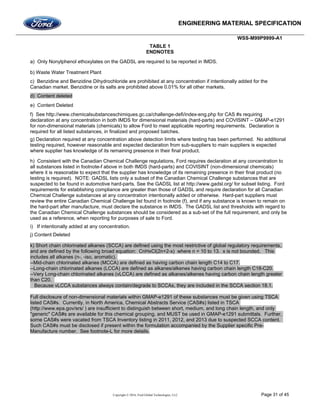 ENGINEERING MATERIAL SPECIFICATION
WSS-M99P9999-A1
Copyright © 2016, Ford Global Technologies, LLC Page 31 of 45
TABLE 1
ENDNOTES
a) Only Nonylphenol ethoxylates on the GADSL are required to be reported in IMDS.
b) Waste Water Treatment Plant
c) Benzidine and Benzidine Dihydrochloride are prohibited at any concentration if intentionally added for the
Canadian market. Benzidine or its salts are prohibited above 0.01% for all other markets.
d) Content deleted
e) Content Deleted
f) See http://www.chemicalsubstanceschimiques.gc.ca/challenge-defi/index-eng.php for CAS #s requiring
declaration at any concentration in both IMDS for dimensional materials (hard-parts) and COVISINT – GMAP-e1291
for non-dimensional materials (chemicals) to allow Ford to meet applicable reporting requirements. Declaration is
required for all listed substances, in finalized and proposed batches.
g) Declaration required at any concentration above detection limits where testing has been performed. No additional
testing required, however reasonable and expected declaration from sub-suppliers to main suppliers is expected
where supplier has knowledge of its remaining presence in their final product.
h) Consistent with the Canadian Chemical Challenge regulations, Ford requires declaration at any concentration to
all substances listed in footnote-f above in both IMDS (hard-parts) and COVISINT (non-dimensional chemicals)
where it is reasonable to expect that the supplier has knowledge of its remaining presence in their final product (no
testing is required). NOTE: GADSL lists only a subset of the Canadian Chemical Challenge substances that are
suspected to be found in automotive hard-parts. See the GADSL list at http://www.gadsl.org/ for subset listing. Ford
requirements for establishing compliance are greater than those of GADSL and require declaration for all Canadian
Chemical Challenge substances at any concentration intentionally added or otherwise. Hard-part suppliers must
review the entire Canadian Chemical Challenge list found in footnote (f), and if any substance is known to remain on
the hard-part after manufacture, must declare the substance in IMDS. The GADSL list and thresholds with regard to
the Canadian Chemical Challenge substances should be considered as a sub-set of the full requirement, and only be
used as a reference, when reporting for purposes of sale to Ford.
i) If intentionally added at any concentration.
j) Content Deleted
k) Short chain chlorinated alkanes (SCCA) are defined using the most restrictive of global regulatory requirements,
and are defined by the following broad equation: CnHxCl(2n+2-x) where n = 10 to 13. x is not bounded. This
includes all alkanes (n-, -iso, aromatic).
--Mid-chain chlorinated alkanes (MCCA) are defined as having carbon chain length C14 to C17.
--Long-chain chlorinated alkanes (LCCA) are defined as alkanes/alkenes having carbon chain length C18-C20.
--Very Long-chain chlorinated alkanes (vLCCA) are defined as alkanes/alkenes having carbon chain length greater
than C20.
Because vLCCA substances always contain/degrade to SCCAs, they are included in the SCCA section 18.1.
Full disclosure of non-dimensional materials within GMAP-e1291 of these substances must be given using TSCA
listed CAS#s. Currently, in North America, Chemical Abstracts Service (CAS#s) listed in TSCA
(http://www.epa.gov/srs/ ) are insufficient to distinguish between short, medium, and long chain length, and only
"generic" CAS#s are available for this chemical grouping, and MUST be used in GMAP-e1291 submittals. Further,
some CAS#s were vacated from TSCA Inventory listing in 2011, 2012, and 2013 due to suspected SCCA content.
Such CAS#s must be disclosed if present within the formulation accompanied by the Supplier specific Pre-
Manufacture number. See footnote-L for more details.
 