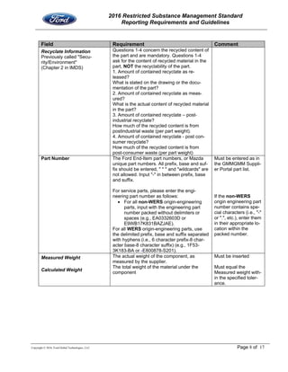 2016 Restricted Substance Management Standard
Reporting Requirements and Guidelines
Copyright © 2016, Ford Global Technologies, LLC Page 8 of 17
Field Requirement Comment
Recyclate Information
Previously called "Secu-
rity/Environment"
(Chapter 2 in IMDS)
Questions 1-4 concern the recycled content of
the part and are mandatory. Questions 1-4
ask for the content of recycled material in the
part, NOT the recyclability of the part.
1. Amount of contained recyclate as re-
leased?
What is stated on the drawing or the docu-
mentation of the part?
2. Amount of contained recyclate as meas-
ured?
What is the actual content of recycled material
in the part?
3. Amount of contained recyclate – post-
industrial recyclate?
How much of the recycled content is from
postindustrial waste (per part weight).
4. Amount of contained recyclate - post con-
sumer recyclate?
How much of the recycled content is from
post-consumer waste (per part weight)
Part Number The Ford End-Item part numbers, or Mazda
unique part numbers. All prefix, base and suf-
fix should be entered, " * " and "wildcards" are
not allowed. Input "-" in between prefix, base
and suffix.
For service parts, please enter the engi-
neering part number as follows:
 For all non-WERS origin-engineering
parts, input with the engineering part
number packed without delimiters or
spaces (e.g., EA0332603D or
E9WB17K831BAZJAE).
For all WERS origin-engineering parts, use
the delimited prefix, base and suffix separated
with hyphens (i.e., 6 character prefix-8 char-
acter base-8 character suffix) (e.g., 1F53-
3K183-BA or -E800878-S201).
Must be entered as in
the GMMGMM Suppli-
er Portal part list.
If the non-WERS
origin engineering part
number contains spe-
cial characters (i.e., "-"
or ".", etc.), enter them
in their appropriate lo-
cation within the
packed number.
Measured Weight
Calculated Weight
The actual weight of the component, as
measured by the supplier.
The total weight of the material under the
component
Must be inserted
Must equal the
Measured weight with-
in the specified toler-
ance.
 
