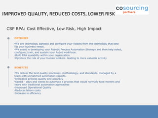 OPTIMIZE
•We are technology agnostic and configure your Robots from the technology that best
fits your business needs.
•We assist in developing your Robotic Process Automation Strategy and then help select,
configure, train, and sustain your Robot workforce.
•Build RPA scalability within your organization
•Optimize the role of your human workers- leading to more valuable activity
IMPROVED QUALITY, REDUCED COSTS, LOWER RISK
BENEFITS
•We deliver the best quality processes, methodology, and standards- managed by a
team with unmatched automation experts.
•Increased process quality and accuracy
•Speed – days and weeks to automate a process that would normally take months and
years with traditional automation approaches
•Improved Operational Quality
•Reduces labors costs
•Increase in efficiency
CSP RPA: Cost Effective, Low Risk, High Impact
 