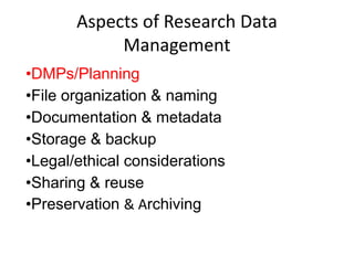Aspects of Research Data
Management
•DMPs/Planning
•File organization & naming
•Documentation & metadata
•Storage & backup
•Legal/ethical considerations
•Sharing & reuse
•Preservation & Archiving
 