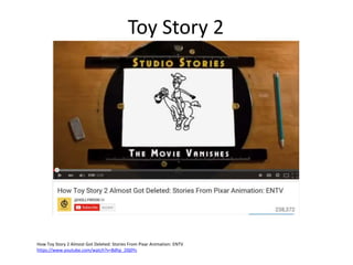 Toy Story 2
How Toy Story 2 Almost Got Deleted: Stories From Pixar Animation: ENTV
https://www.youtube.com/watch?v=8dhp_20j0Ys
 