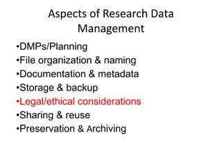 Aspects of Research Data
Management
•DMPs/Planning
•File organization & naming
•Documentation & metadata
•Storage & backup
•Legal/ethical considerations
•Sharing & reuse
•Preservation & Archiving
 