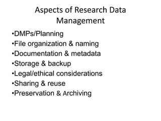 Aspects of Research Data
Management
•DMPs/Planning
•File organization & naming
•Documentation & metadata
•Storage & backup
•Legal/ethical considerations
•Sharing & reuse
•Preservation & Archiving
 