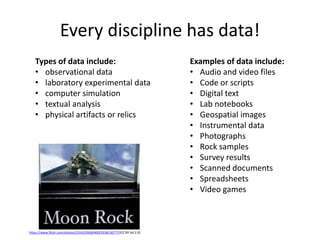 Every discipline has data!
Types of data include:
• observational data
• laboratory experimental data
• computer simulation
• textual analysis
• physical artifacts or relics
Examples of data include:
• Audio and video files
• Code or scripts
• Digital text
• Lab notebooks
• Geospatial images
• Instrumental data
• Photographs
• Rock samples
• Survey results
• Scanned documents
• Spreadsheets
• Video games
https://www.flickr.com/photos/23165290@N00/9338136777/(CC BY-SA 2.0)
 