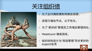 关注组织债
- 为了应付偶然情形而修改流程。
- 流程只增加节点，从不优化。
- 为了“更好的”管理员工而增加管理岗位。
- Headcount 增减游戏。
- 组织结构设计为“高效管理”而非更好的
support业务
 