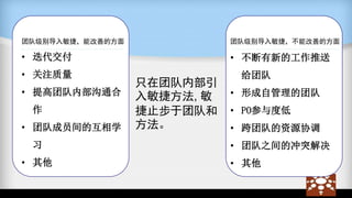 只在团队内部引
入敏捷方法, 敏
捷止步于团队和
方法。
团队级别导入敏捷，能改善的方面 团队级别导入敏捷，不能改善的方面
• 迭代交付
• 关注质量
• 提高团队内部沟通合
作
• 团队成员间的互相学
习
• 其他
• 不断有新的工作推送
给团队
• 形成自管理的团队
• PO参与度低
• 跨团队的资源协调
• 团队之间的冲突解决
• 其他
 