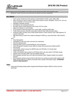 2016 RX 350 Product
Information
Note: All specs are for both all-weather drive (AWD) and front-wheel drive (FWD) unless otherwise noted.
EMBARGO: TUESDAY, SEPT. 8, 9:00 AM PACIFIC Page 8 of 12
• Bluetooth® hands free phone and automatic phonebook download capabilities
MULTIMEDIA
• Home screen divided into three sections (customizable for HVAC, audio, traffic, MID)
• Menu shortcuts on side of screen to allow quick access to Audio, Navigation, Phone, etc. from any
screen (available 12.3-inch screen only)
• Navigation equipped vehicles
• 3D buildings; key buildings/landmarks
• My traffic routes; preset frequently used routes, ETA for routes
• Speed limit display on road traveled
• ETA calculation improved (speed limit, current traffic, predictive traffic data)
• Traffic detour preview; alternate route options offered when traffic becomes heavy
• Predictive traffic; provides view of traffic ahead based on Clear Channel Total Traffic Network (15
minute increments)
• MID data sharing; content from headunit displayed in MID (e.g. song information, NAV direction,
call
info.)
• Voice Recognition
• Capabilities to help user when command not understood
• One-shot address entry
• Steering wheel control of onboard/offboard voice recognition
• Voice Recognition Guidance Level; ability to choose voice prompt level (High/Low/Off)
• Hint screens
• Cache Radio; ability to pause live AM/FM radio and HD Radio (10 minutes later)
• Hybrid Data Service
• Traffic and Weather data provided via HD Radio (free to all users while in HD Radio range)
• Display Audio has basic traffic map and weather forecast
• NAV-equipped vehicles have up to date and predictive traffic, Doppler weather and weather
forecast
• NAV-equipped vehicles w/Lexus Enform App Suite can continue to receive data outside of HD
Radio range (switches to cellular connectivity when outside of HD Radio range) STANDARD
SAFETY AND SECURITY
Safety
• Advanced technology airbag system Supplemental Restraint System (SRS) for driver and front
passenger:
 