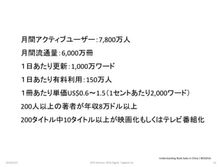 月間アクティブユーザー：7,800万人
月間流通量：6,000万冊
１日あたり更新：1,000万ワード
１日あたり有料利用：150万人
１冊あたり単価US$0.6～1.5（1セントあたり2,000ワード）
200人以上の著者が年収8万ドル以上
200タイトル中10タイトル以上が映画化もしくはテレビ番組化
Understanding Book Sales in China / BEA2016
2016/5/23 52JEPA Seminar 2016 Digital Tugboat Inc.
 