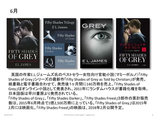 6月
英国の作家E.L.ジェームズ氏のベストセラー女性向け官能小説（マミーポルノ）「Fifty
Shades of Grey」シリーズの最新作「Fifty Shades of Grey as Told by Christian」が発売。
紙書籍と電子書籍合わせて、発売後１ヶ月間に140万冊を売上。「Fifty Shades of
Grey」はオンライン小説として発表され、2011年にランダムハウスが書籍化権を取得。
日本語版は早川書房より発売されている。
「Fifty Shades of Grey」、「Fifty Shades Darker」、「Fifty Shades Freed」３部作の累計販売
数は、2015年6月時点で1億2,500万冊に上っている。「Fifty Shades of Grey」は2015年
2月には映画化。「Fifty Shades Freed」の映画は、2018年2月公開予定。
2016/5/23 6JEPA Seminar 2016 Digital Tugboat Inc.
 