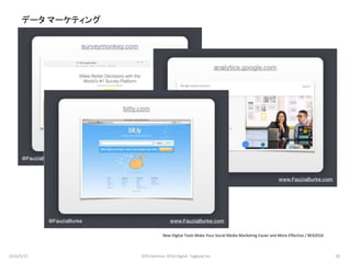 データ マーケティング
New Digital Tools:Make Your Social Media Marketing Easier and More Effective / BEA2016
2016/5/23 65JEPA Seminar 2016 Digital Tugboat Inc.
 