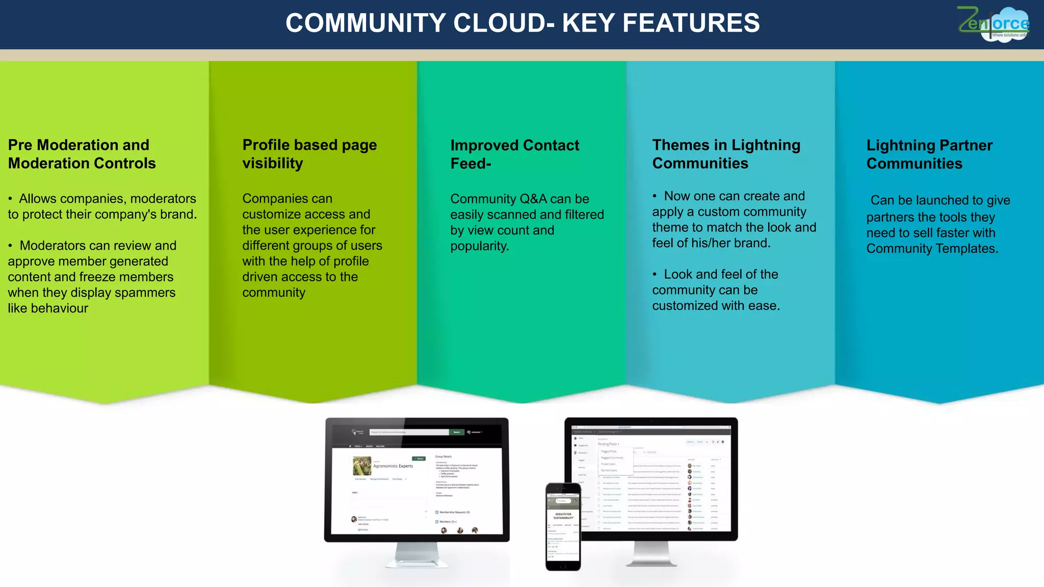 Pre Moderation and
Moderation Controls
• Allows companies, moderators
to protect their company's brand.
• Moderators can review and
approve member generated
content and freeze members
when they display spammers
like behaviour
Profile based page
visibility
Companies can
customize access and
the user experience for
different groups of users
with the help of profile
driven access to the
community
Improved Contact
Feed-
Community Q&A can be
easily scanned and filtered
by view count and
popularity.
Themes in Lightning
Communities
• Now one can create and
apply a custom community
theme to match the look and
feel of his/her brand.
• Look and feel of the
community can be
customized with ease.
Lightning Partner
Communities
Can be launched to give
partners the tools they
need to sell faster with
Community Templates.
COMMUNITY CLOUD- KEY FEATURES
 