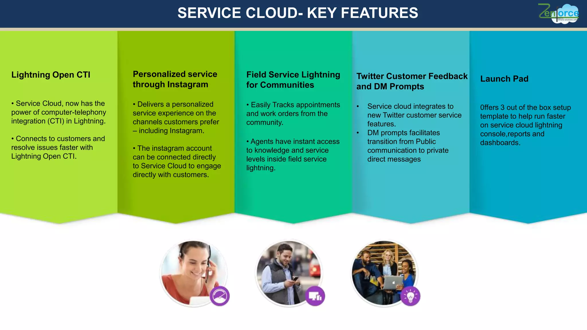 Lightning Open CTI
• Service Cloud, now has the
power of computer-telephony
integration (CTI) in Lightning.
• Connects to customers and
resolve issues faster with
Lightning Open CTI.
Personalized service
through Instagram
• Delivers a personalized
service experience on the
channels customers prefer
– including Instagram.
• The instagram account
can be connected directly
to Service Cloud to engage
directly with customers.
Field Service Lightning
for Communities
• Easily Tracks appointments
and work orders from the
community.
• Agents have instant access
to knowledge and service
levels inside field service
lightning.
Twitter Customer Feedback
and DM Prompts
• Service cloud integrates to
new Twitter customer service
features.
• DM prompts facilitates
transition from Public
communication to private
direct messages
Launch Pad
0ffers 3 out of the box setup
template to help run faster
on service cloud lightning
console,reports and
dashboards.
SERVICE CLOUD- KEY FEATURES
 