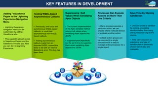 Suppressing Null
Values When Serializing
Apex Objects
• The current implementation
of the Apex serialize method
returns null values when
serializing Apex objects into
JSON.
• suppressApexObjectNulls
can be set to true to suppress
them when serializing Apex
objects into JSON.
Adding Visualforce
Pages to the Lightning
Experience Navigation
Menu
• Lightning Experience
navigation menu can be
customized by adding
Visualforce tabs.
• This capability already exists
in Salesforce Classic and the
Salesforce1 mobile app. Now
you can do it in Lightning
Experience.
KEY FEATURES IN DEVELOPMENT
Testing WSDL-Based
Asynchronous Callouts
• Previously, one could test
synchronous WSDL-based
callouts, or could test
asynchronous non-WSDL-
based callouts.
• Testing asynchronous
callouts made from an
imported WSDL caused the
tests to fail with an internal
Salesforce error. This bug has
been fixed
Processes Can Execute
Actions on More Than
One Criteria
• After a process executes a
particular action, we can
choose where it should choose
or evaluate another action.
• Multiple action groups can
be executed in a single
process and it is easy to
manage all the processes for a
single object.
Save Time by Cloning
Sandboxes
• One can create a sandbox
by cloning an existing
sandbox rather than using
one’s production org as the
source.
• Time can be saved by
populating any type of
sandbox with a previously
chosen set of data and
metadata.
 