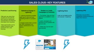 Predictive Lead Scoring
•Tells each rep where their
valuable time will yield the
best results by taking lead
characteristics and historical
information from industries.
• Best opportunities can be
created everytime using
guesswork from Lead
nurturing
Salesforce Engage in
Lightning
• Lightning experience enables
sales reps to send and track
marketing emails to a prospect
list
• Engage reports help to access
rich data visualisation and
custom dashboards for key
metrics.
Kanban on Leads,
Campaigns & Contracts
• The Kanban ‘drag and drop’
approach is available to more
objects.
• Leads, campaigns and
contracts can be updated with
just one click.
• Totals roll up can be seen
automatically.
Lightning Voice
Calls can be dialled quickly
and received in lightning.
Lightning CPQ
Eliminates manual efforts ,
accelerates quoting process and
helps drive revenue .
SALES CLOUD- KEY FEATURES
 