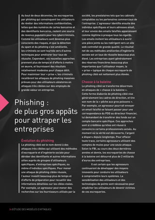 Phishing :
de plus gros appâts
pour attraper les
entreprises
Au bout de deux décennies, les escroqueries
par phishing qui convainquent les utilisateurs
de révéler des informations confidentielles,
telles que des numéros de cartes bancaires et
des identifiants bancaires, restent une source
de revenus populaire pour les cybercriminels.
Comme les utilisateurs sont devenus plus
conscients des risques, et que la détection
du spam et du phishing s'est améliorée,
les criminels se sont tournés vers d'autres
techniques pour améliorer leur taux de
réussite. Cependant, ces nouvelles approches
prennent plus de temps et d'efforts à mettre
en œuvre, et fournissent des résultats
relativement modestes pour chaque délit.
Pour maximiser leur « prise », les criminels
recalibrent les attaques de phishing massives
prévues pour des utilisateurs aléatoires en
attaques très ciblées sur des employés de
grande valeur en entreprise.
Évolution du phishing
Le phishing ciblé est le nom donné à des
attaques très ciblées qui utilisent des méthodes
d'escroquerie et d'ingénierie sociale pour
dérober des identifiants et autres informations
utiles auprès de groupes d'utilisateurs
spécifiques, d'entreprises spécifiques, ou
même d'individus spécifiques. Pour mener
une attaque de phishing ciblée réussie,
l'auteur investit beaucoup plus de temps et
d'efforts de préparation pour recueillir des
informations détaillées sur les cibles visées.
Par exemple, un agresseur peut mener des
recherches sur les fournisseurs utilisés par la
société, les prestataires tels que les cabinets
comptables ou les partenaires commerciaux de
l'entreprise. L'agresseur identifie ensuite des
individus spécifiques et leurs adresses email,
et leur envoie des emails falsifiés apparaissant
comme légitime à presque tous les égards.
Les emails invitent les utilisateurs à ouvrir
une pièce jointe ou les redirigent vers un site
web contrefait de grande qualité. Le résultat
net de ces méthodes améliorées d'ingénierie
sociale est un taux de réussite beaucoup plus
élevé. Les entreprises ayant généralement
des réserves financières beaucoup plus
importantes que l'utilisateur moyen, la
« prise » typique de chaque escroquerie de
phishing ciblé est nettement plus élevée.
Chasse à la baleine
Le phishing ciblé se transforme désormais
en attaques de « chasse à la baleine ».
Cette forme élaborée de phishing ciblé vise
généralement les cadres de direction, et tire
son nom de la « pêche aux gros poissons ».
Par exemple, un agresseur pourrait envoyer
un email falsifié se faisant passer pour une
correspondance du PDG au directeur financier,
lui demandant de transférer des fonds sur un
compte bancaire spécifique. Ces approches
sont si crédibles qu'elles ont réussi à
convaincre certains professionnels avisés. Au
moment où la vérité est découverte, l'argent
a disparu depuis longtemps. Pour effacer
toute trace, certains agresseurs utilisent des
comptes de mules pour une seule attaque.
Selon le FBI, au cours des deux dernières
années et demie, les escroqueries de chasse
à la baleine ont détourné plus de 2 milliards
d'euros des entreprises.
	 Il est certain que les agresseurs
continueront de développer des moyens
innovants pour conduire les utilisateurs
à compromettre leurs systèmes. La
sensibilisation des utilisateurs et des
technologies de pointe sont nécessaires pour
empêcher les utilisateurs de devenir victimes
de ces escroqueries.
36 | ÉTUDE DES MODÈLES D'ATTAQUES
 