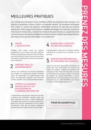 PRENEZDESMESURES
MEILLEURES PRATIQUES
Les entreprises ont besoin d'une stratégie unifiée de prévention des menaces. Les
logiciels malveillants connus restent une grande menace. De nouvelles techniques
font croître le volume de logiciels malveillants inconnus et zero-day de manière
significative. Elles exigent des solutions capables de stopper les menaces connues et
inconnues en temps réel, y compris les menaces les plus évasives. La supervision des
communicationssortantesestégalementimportantepourrepérerlescomportements
anormaux avant que des dommages ne se produisent.
UNIFIEZ
L'ARCHITECTURE
Protégez votre réseau contre les logiciels
malveillants et les menaces zero-day avancées.
Étendez ces protections aux postes fixes et mobiles,
aux services dans le Cloud et aux environnements
virtuels pour empêcher les menaces de se propager
dans l'entreprise.
PROTÉGEZ TOUS LES
ENVIRONNEMENTS
Utilisez une architecture de sécurité agnostique
pour stopper les menaces de manière uniforme
contre les datacenters, les plates-formes dans
Cloud, les datacenters logiciels, sous forme de
services, hybrides, et les environnements mobiles.
STOPPEZ LES LOGICIELS
MALVEILLANTS ET LES
EXPLOITATIONS DE
VULNÉRABILITÉS ZERO-DAY
L'augmentation des attaques d'exécution de code,
y compris des techniques avancées telles que
ROP, contournent les bacs à sable traditionnels.
L'émulation des menaces au niveau du processeur
détecte les logiciels malveillants lors de la phase
d'exploitation, avant que les pirates n'appliquent
des techniques de contournement du bac à sable.
1
2
3
ADMINISTREZ LA SÉCURITÉ
VIA UNE SEULE CONSOLE
L'administration unifiée de la sécurité améliore
l'efficacité de la sécurité et la visibilité sur les
journaux.
ADOPTEZ UNE MÉTHODOLOGIE
DE TRAITEMENT DES INCIDENTS
Jusqu'à ce que vous ayez unifié la prévention en
temps réel, vous avez besoin de continuer de
traiter les incidents. L'équipe de traitement des
incidents de Check Point est disponible 24 heures
sur 24 et 365 jours par an pour analyser et résoudre
les attaques de logiciels malveillants et autres
événements de sécurité touchant votre entreprise.
Contactez-nous au +1 866 923 0907 ou par email à
emergency-response@checkpoint.com.
4
5
POUR EN SAVOIR PLUS
checkpoint.com/management
ÉTUDE DES MODÈLES D'ATTAQUES | 37
 