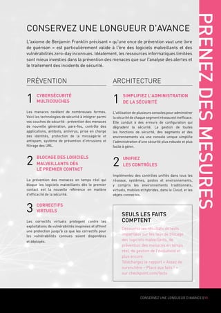 PRENEZDESMESURES
CONSERVEZ UNE LONGUEUR D'AVANCE | 55
CYBERSÉCURITÉ
MULTICOUCHES
Les menaces revêtent de nombreuses formes.
Voici les technologies de sécurité à intégrer parmi
vos couches de sécurité : prévention des menaces
de nouvelle génération, pare-feu, contrôle des
applications, antibots, antivirus, prise en charge
des identités, protection de la messagerie et
antispam, système de prévention d'intrusions et
filtrage des URL.
BLOCAGE DES LOGICIELS
MALVEILLANTS DÈS
LE PREMIER CONTACT
La prévention des menaces en temps réel qui
bloque les logiciels malveillants dès le premier
contact est la nouvelle référence en matière
d'efficacité de la sécurité.
CORRECTIFS
VIRTUELS
Les correctifs virtuels protègent contre les
exploitations de vulnérabilités inopinées et offrent
une protection jusqu'à ce que les correctifs pour
les vulnérabilités connues soient disponibles
et déployés.
1
2
3
PRÉVENTION
SIMPLIFIEZ L'ADMINISTRATION
DE LA SÉCURITÉ
L'utilisation de plusieurs consoles pour administrer
la sécurité de chaque segment réseau est inefficace.
Elle conduit à des erreurs de configuration qui
dégradent la sécurité. La gestion de toutes
les fonctions de sécurité, des segments et des
environnements via une console unique simplifie
l'administration d'une sécurité plus robuste et plus
facile à gérer.
UNIFIEZ
LES CONTRÔLES
Implémentez des contrôles unifiés dans tous les
réseaux, systèmes, postes et environnements,
y compris les environnements traditionnels,
virtuels, mobiles et hybrides, dans le Cloud, et les
objets connectés.
1
2
ARCHITECTURE
CONSERVEZ UNE LONGUEUR D'AVANCE
L'axiome de Benjamin Franklin précisant « qu'une once de prévention vaut une livre
de guérison » est particulièrement valide à l'ère des logiciels malveillants et des
vulnérabilités zero-day inconnues. Idéalement, les ressources informatiques limitées
sont mieux investies dans la prévention des menaces que sur l'analyse des alertes et
le traitement des incidents de sécurité.
SEULS LES FAITS
COMPTENT
Découvrez les résultats de tests
impartiaux sur les taux de blocage
des logiciels malveillants, de
prévention des menaces en temps
réel, de gestion de l'évolutivité et
plus encore.
Téléchargez le rapport « Assez de
surenchère – Place aux faits ! » 
sur checkpoint.com/facts
 