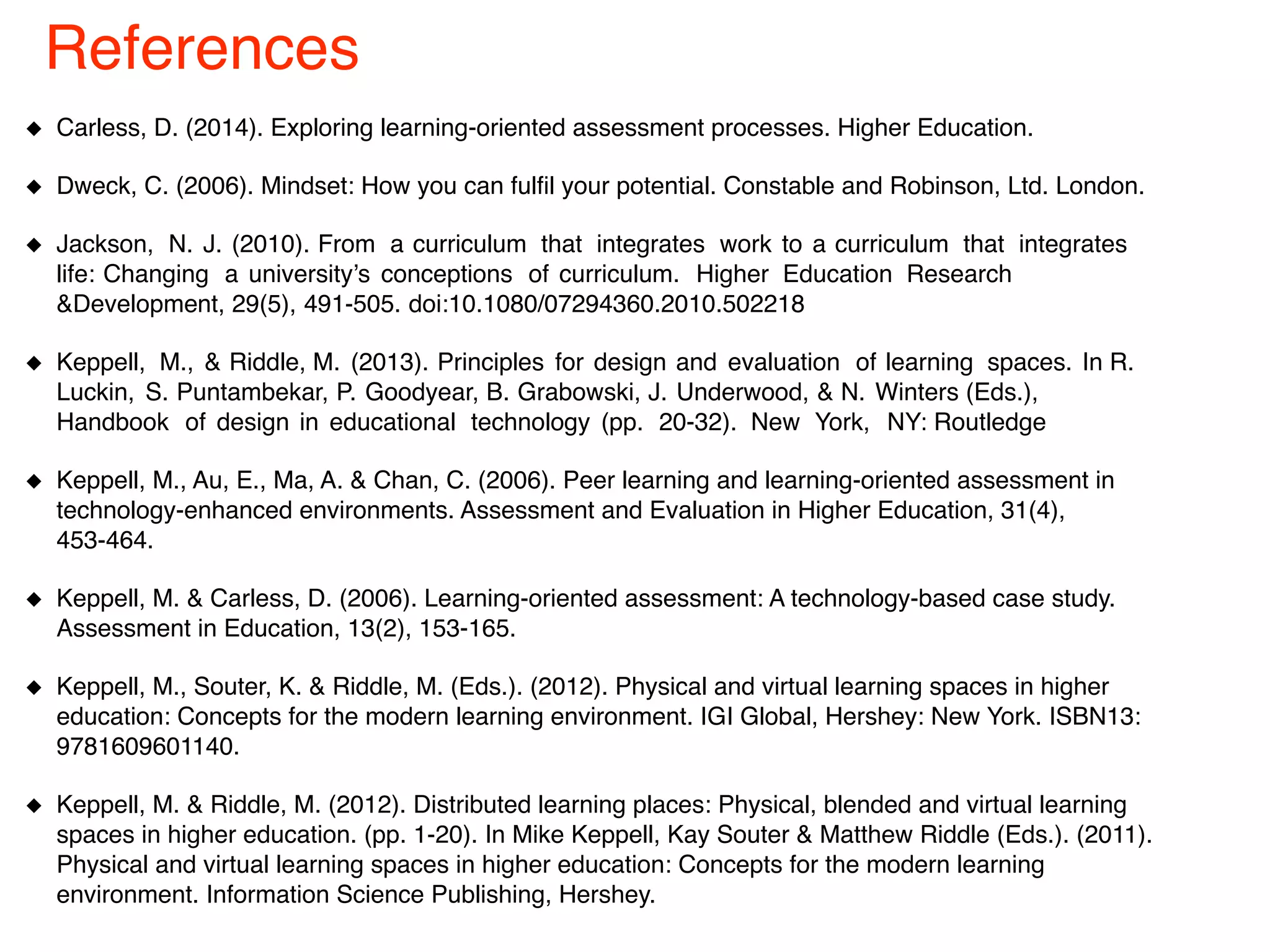 Carless, D. (2014). Exploring learning-oriented assessment processes. Higher Education.
Dweck, C. (2006). Mindset: How you can fulfil your potential. Constable and Robinson, Ltd. London.
Jackson, N. J. (2010). From a curriculum that integrates work to a curriculum that integrates
life: Changing a university’s conceptions of curriculum. Higher Education Research
&Development, 29(5), 491-505. doi:10.1080/07294360.2010.502218
Keppell, M., & Riddle, M. (2013). Principles for design and evaluation of learning spaces. In R.
Luckin, S. Puntambekar, P. Goodyear, B. Grabowski, J. Underwood, & N. Winters (Eds.),
Handbook of design in educational technology (pp. 20-32). New York, NY: Routledge
Keppell, M., Au, E., Ma, A. & Chan, C. (2006). Peer learning and learning-oriented assessment in
technology-enhanced environments. Assessment and Evaluation in Higher Education, 31(4),
453-464.
Keppell, M. & Carless, D. (2006). Learning-oriented assessment: A technology-based case study.
Assessment in Education, 13(2), 153-165.
Keppell, M., Souter, K. & Riddle, M. (Eds.). (2012). Physical and virtual learning spaces in higher
education: Concepts for the modern learning environment. IGI Global, Hershey: New York. ISBN13:
9781609601140.
Keppell, M. & Riddle, M. (2012). Distributed learning places: Physical, blended and virtual learning
spaces in higher education. (pp. 1-20). In Mike Keppell, Kay Souter & Matthew Riddle (Eds.). (2011).
Physical and virtual learning spaces in higher education: Concepts for the modern learning
environment. Information Science Publishing, Hershey.
References
 