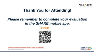 www.share.org/sanan
tonio-eval
http://creativecommons.org/licenses/by-nc-nd/3.0/
Summary - Attacks
● Remediation
– Secure your SMP/E libraries (See Brian’s notes on insecure
libraries)
– Lock down FTP configuration.
– Strong Passwords + 2-factor authentication < - - - - - This
mitigates many issues.
– Secure coding training / practice. (Esp. Java
 