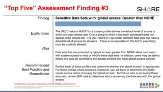 www.share.org/sanan
tonio-eval
http://creativecommons.org/licenses/by-nc-nd/3.0/
Finding
Explanation
Risk
Recommended
Best Practice and
Remediation
Sensitive Data Sets with ‘global access’ Greater than NONE
The UACC value in RACF for a dataset profile defines the default level of access to
which any user whose user ID or a group to which it has been connected does not
appear in the access list. The ALL record in Top Secret contains data sets that have a
default level of access for all users. There is no equivalent in CA ACF2, everything
must be explicitly allowed.
Data sets that are protected by ‘global access’ greater than NONE allow most users
with system access to read or modify these data sets. In addition, users may be able to
delete any data set covered by the dataset profiles that have global access defined.
Review each of these profiles and determine whether the ‘global access’ is appropriate.
For those profiles where access is excessive, you will have to determine who really
needs access before changing the ‘global access’. To find out who is accessing these
data sets, review SMF data to determine who is accessing the data sets with the ‘global
access’.
“Top Five” Assessment Finding #3
 