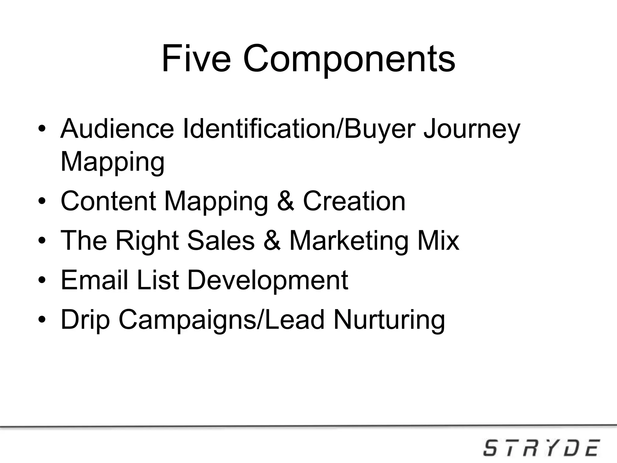 Five Components
• Audience Identification/Buyer Journey
Mapping
• Content Mapping & Creation
• The Right Sales & Marketing Mix
• Email List Development
• Drip Campaigns/Lead Nurturing
 