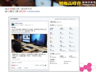 (1) 2,714個心情、留言和分享
(2) 已觸及人數 105,712 ※2016/05/25數據
 