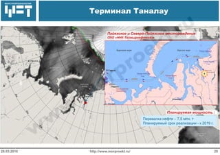 МОРСТРОЙТЕХНОЛОГИЯ
Терминал Таналау
http://www.morproekt.ru/ 2828.03.2016
Пайяхское и Северо-Пайяхское месторождения
ОАО «ННК-Таймырнефтегаз»
Перевалка нефти – 7,5 млн. т
Планируемый срок реализации - к 2019 г.
Планируемая мощность :
 