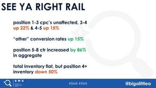#SMX #XXA @bigalittlea
SEE YA RIGHT RAIL
position 1-3 cpc’s unaffected, 3-4
up 22% & 4-5 up 15%
“other” conversion rates up 15%
position 5-8 ctr increased by 86%
in aggregate
total inventory flat, but position 4+
inventory down 50%
 