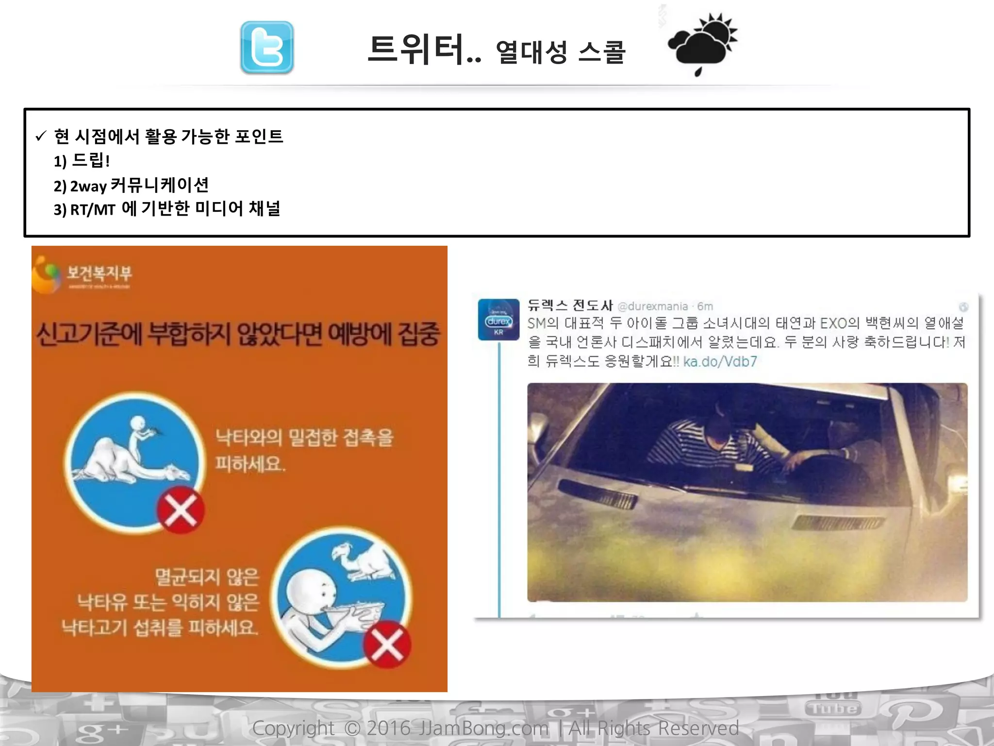 Copyright © 2016 JJamBong.com | All Rights Reserved
트위터.. 열대성 스콜
ü 현 시점에서 활용 가능한 포인트
1) 드립!
2) 2way	커뮤니케이션
3)	RT/MT 에 기반한 미디어 채널
 