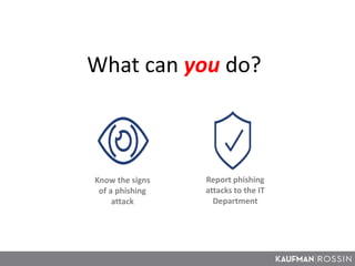 What can you do?
Know the signs
of a phishing
attack
Report phishing
attacks to the IT
Department
 