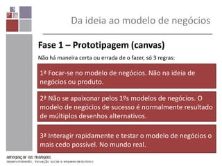 Da ideia ao modelo de negócios
Fase 1 – Prototipagem (canvas)
Não há maneira certa ou errada de o fazer, só 3 regras:
1ª Focar-se no modelo de negócios. Não na ideia de
negócios ou produto.
2ª Não se apaixonar pelos 1ºs modelos de negócios. O
modelo de negócios de sucesso é normalmente resultado
de múltiplos desenhos alternativos.
3ª Interagir rapidamente e testar o modelo de negócios o
mais cedo possível. No mundo real.
 