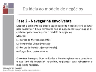 Fase 2 - Navegar na envolvente
Mapear o ambiente no qual o seu modelo de negócios terá de lutar
para sobreviver. Estes elementos não se podem controlar mas se os
conhecer podem robustecer o modelo de negócios.
Mapear:
(1) Forças de Mercado (clientes)
(2) Tendências Chave (mercado)
(3) Forças de industria (concorrencia)
(4)Forças Macro-económicas
Encontrar Ameaças, Oportunidades e Constrangimentos e questionar
o que tem de re-pensar, re-definir, re-planear para robustecer o
modelo de negócios.
Da ideia ao modelo de negócios
 