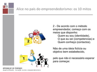 Alice no país do empreendedorismo: os 10 mitos
1
2
2 - De acordo com o método
empreendedor, começo com os
meios que disponho:
Quem eu sou (identidade),
O que eu sei (competencias) e
Quem conheço (contactos).
Não de uma ideia fictícia ou
objetivo bem estabelecido,
pelo que não é necessário esperar
para começar.
 