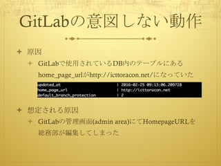 GitLabの意図しない動作
ò 原因
ò GitLabで使用されているDB内のテーブルにある
home_page_urlがhttp://icttoracon.net/になっていた
ò 想定される原因
ò GitLabの管理画面(admin area)にてHomepageURLを
総務部が編集してしまった
 