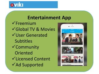 Entertainment App
Freemium
Global TV & Movies
User Generated
Subtitles
Community
Oriented
Licensed Content
Ad Supported
 