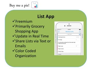 List App
Freemium
Primarily Grocery
Shopping App
Update in Real Time
Share Lists via Text or
Emails
Color Coded
Organization
Buy me a pie!
 