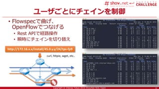 12Copyright © Interop Tokyo 2016 ShowNet NOC Team
ユーザごとにチェインを制御
• Flowspecで曲げ、
OpenFlowでつなげる
• Rest APIで経路操作
• 瞬時にチェインを切り替え
12
http://172.16.x.x/install/45.0.y.y/24/tps-fp9
curl, httpie, wget, etc..
 