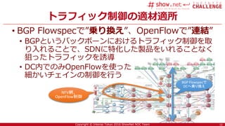 13Copyright © Interop Tokyo 2016 ShowNet NOC Team
トラフィック制御の適材適所
• BGP Flowspecで”乗り換え”、OpenFlowで”連結”
• BGPというバックボーンにおけるトラフィック制御を取
り入れることで、SDNに特化した製品をいれることなく
狙ったトラフィックを誘導
• DC内でのみOpenFlowを使った
細かいチェインの制御を行う
13
NFV網、
OpenFlow制御
BGP Flowspecで
DCへ乗り換え
 