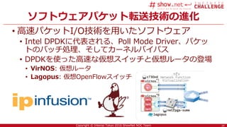 14Copyright © Interop Tokyo 2016 ShowNet NOC Team
ソフトウェアパケット転送技術の進化
• 高速パケットI/O技術を用いたソフトウェア
• Intel DPDKに代表される、Poll Mode Driver、パケッ
トのバッチ処理、そしてカーネルバイパス
• DPDKを使った高速な仮想スイッチと仮想ルータの登場
• VirNOS: 仮想ルータ
• Lagopus: 仮想OpenFlowスイッチ
14
 
