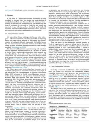 and Hung, 2010), leading to varying innovation performances.
3. Methods
A case study of a ﬁrm that was highly successfully in using
standards to innovate effort can advance our understanding of
standardization efforts and the role of search processes. Conse-
quently, we now describe our methodology and explain why and
how we conducted the case study of Vanke. We also explain our
approach to data collection and we identiﬁed, synthesized and
illustrates the different knowledge dimensions, search processes
and innovation outcomes in Vanke's standardization effort.
3.1. Case context and selection
We selected the Chinese building sector because it has under-
gone a substantial transition, with new approaches to improving
energy efﬁciency and the adoption of information and commu-
nication technologies. Although traditionally the building sector
has not been considered innovation-intensive, there have been
recent measures adopted to improve innovative practices through
standards (Saltzman et al., 2008).
The Chinese building sector is an interesting and important
industry in terms of the need to innovate, as it accounts for almost
a third of China's total energy consumption. Such demands are
exacerbated by the sheer scale of China's economy and its rapid
urbanization. The percentage of the population living in urban
areas is expected to increase from 36% in 2000 to an estimated 50%
by 2020 (Chen and Shu, 2012). Indeed, an additional 2 billion
square meters of newly constructed buildings have been added
yearly in China over the last 10 years. Existing buildings currently
account for around 40 billion square meters in area, around 95% of
them failing to meet the existing requirements for energy-efﬁcient
buildings (Kleinsmann et al., 2010).
The Chinese government has developed and announced sets of
standards to help increase innovative construction. For example, it
has encouraged the implementation of Building Information
Model (BIM) technology in the life cycle of buildings, which in-
cludes design, construction and operations standards. Local gov-
ernments have also prepared their own standards for im-
plementing BIM. The Chinese government also announced the
standard for energy efﬁcient building assessment (GB/T 50668-
2011) in 2011, for building an energy-efﬁcient community. Com-
panies that meet the standard can gain tax reductions and ex-
emptions from the government. The standard outlines basic as-
sessment requirements and different classiﬁcation levels for
building systems including architectural planning, building en-
velope, HVAC (Heating, Ventilating and Air Condition), water
supply and drainage, power supply and lighting, indoor environ-
ment and operation and the management of buildings both re-
sidential and public. To keep pace with and satisfy the changing
requirements in these areas of building design and construction,
ﬁrms in the Chinese building sector have had to deliver innovative
responses of the right type and at the appropriate speed. However,
while most innovation in this sector has been driven by standar-
dization efforts, little is known about the efﬁcacy of such
innovations.
Following Siggelkow (2007), we chose Vanke, one of China's
largest property developers, as our case for three reasons. First,
Vanke is the leading Chinese company for ‘housing industrializa-
tion', their long-term strategy since 1999. Housing industrializa-
tion promotes mass off-site prefabrication instead of conventional
on-site construction methods. Standardization is a basic premise
of housing industrialization. For example, building components
have to be standardized to facilitate design, mass off-site
prefabrication and assembly on the construction site. Housing
industrialization thus not only changes the way to build, it also
requires a standardization effort that changes the relationship
between the stakeholders involved in the building sector supply
chain. These changes may have a substantial impact on other
sectors because the building industry has close relationships with
for example, the steel industry, forestry, electrical appliance in-
dustry, water treatment and even the medical industry.
Second, to foster housing industrialization, Vanke has had to
initially overcome many disadvantages. These included the high
costs of housing industrialization building methods compared
with those of conventional building methods, outdated construc-
tion technologies and lack of capital, supportive government po-
licies and skilled labor in the building sector. Currently, housing
industrialization has been accepted by the Chinese government
and welcomed by industry. Over the past 16 years, Vanke has thus
been at the forefront of developing standards for housing in-
dustrialization, providing us with a useful opportunity to explore
this phenomenon in the Chinese building sector.
Third, the large scale and established industry presence of
Vanke is important as it represents a large part of the sector's
standardization effort. Vanke is one of the largest real estate de-
velopers in China. In 2012, it had approximately 22 billion US
dollars of sales revenue (gross) and 31,019 employees, and had
developed 14.33 million square meters of building work. The large
scale of Vanke helps buffer the company from external contingent
factors such as ﬁscal policies and economic changes to ﬁrms,
which can disrupt smaller developers. In addition, Vanke has a
relatively long history in the Chinese building sector, having
launched its business in 1984. Its 30 years of constant operation
thus allows us to investigate the formation and dynamics of the
capabilities developed by the company.
3.2. Data categories and collection
To develop a framework to understand a ﬁrm's standardization
effort, we sought data regarding the relationship between
knowledge dimensions, search processes and innovation out-
comes. Following guidelines for collecting case data by Eisenhardt
(1989) and Yin (2003), we categorised these elements. For ex-
ample, in terms of knowledge dimensions the degree of codiﬁca-
tion and complexity (low versus high in each case), while relative,
can be substantiated. We followed a similar approach for collect-
ing data on different search processes and types of innovation. The
ﬁnal four categories and twelve sub-categories of data are pre-
sented in Table 2.
We collected data for this study from both archival sources and
interviews. The archives included annual company reports, cor-
porate social responsibility reports, scholarly journals, internal
company documents (reports and presentations), national stan-
dards, news papers and the autobiographies and other writings of
Shi Wang, the founder and current chairman of Vanke. Scholarly
journal articles focused on Vanke were obtained from sources such
Table 2
Categories and sub-categories of data coding.
Categories (4) Subcategories (12)
Knowledge Di-
mensions
(KD)
Low com-
plexity high
codiﬁcation
(LH)
High com-
plexity high
codiﬁcation
(HH)
Low com-
plexity low
codiﬁcation
(LL)
High com-
plexity low
codiﬁcation
(HL)
Search Process
(SS)
Search pro-
cess of LH
Search pro-
cess of HH
Search pro-
cess of LL
Search pro-
cess of HL
Innovation
Type (IT)
Incremental Architectural Modular Radical
Z. Xie et al. / Technovation 48-49 (2016) 69–7872
 