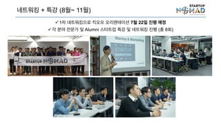 네트워킹 + 특강 (8월~ 11월)
1차 네트워킹으로 킥오프 오리엔테이션 7월 22일 진행 예정
각 분야 전문가 및 Alumni 스타트업 특강 및 네트워킹 진행 (총 8회)
 