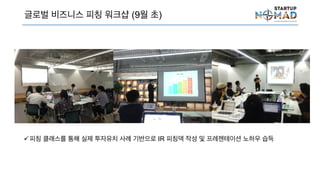 글로벌 비즈니스 피칭 워크샵 (9월 초)
피칭 클래스를 통해 실제 투자유치 사례 기반으로 IR 피칭덱 작성 및 프레젠테이션 노하우 습득
 