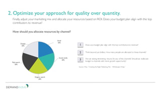 2. Optimize your approach for quality over quantity.
Finally, adjust your marketing mix and allocate your resources based on ROI. Does your budget plan align with the top
contributors to revenue?
How should you allocate resources by channel?
Email
20%
Social media
20%
Organic search
20%
Paid search
20%
Display
20% 1 Does your budget plan align with the top contributorsto revenue?
Think beyond just dollars. How many people are allocated to these channels?2
Are we seeing diminishing returns for any of the channels? Should we reallocate
budget to channels with more growth opportunity?
3
Source: Moz:, “Creating the Right Marketing Mix – Whiteboard Friday”
 