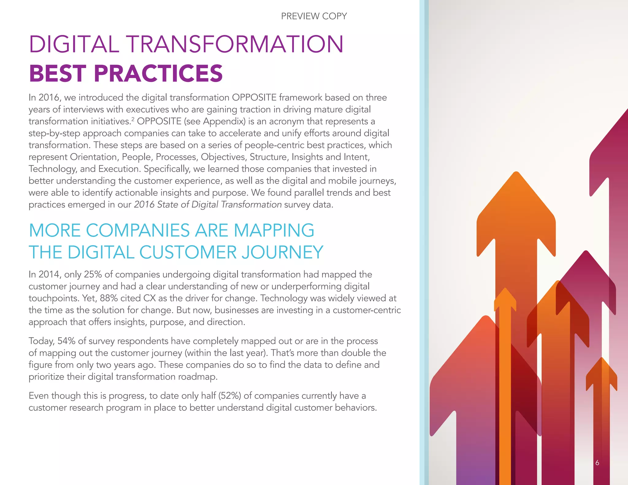 In 2016, we introduced the digital transformation OPPOSITE framework based on three
years of interviews with executives who are gaining traction in driving mature digital
transformation initiatives.2
OPPOSITE (see Appendix) is an acronym that represents a
step-by-step approach companies can take to accelerate and unify efforts around digital
transformation. These steps are based on a series of people-centric best practices, which
represent Orientation, People, Processes, Objectives, Structure, Insights and Intent,
Technology, and Execution. Specifically, we learned those companies that invested in
better understanding the customer experience, as well as the digital and mobile journeys,
were able to identify actionable insights and purpose. We found parallel trends and best
practices emerged in our 2016 State of Digital Transformation survey data.
MORE COMPANIES ARE MAPPING
THE DIGITAL CUSTOMER JOURNEY
In 2014, only 25% of companies undergoing digital transformation had mapped the
customer journey and had a clear understanding of new or underperforming digital
touchpoints. Yet, 88% cited CX as the driver for change. Technology was widely viewed at
the time as the solution for change. But now, businesses are investing in a customer-centric
approach that offers insights, purpose, and direction.
Today, 54% of survey respondents have completely mapped out or are in the process
of mapping out the customer journey (within the last year). That’s more than double the
figure from only two years ago. These companies do so to find the data to define and
prioritize their digital transformation roadmap.
Even though this is progress, to date only half (52%) of companies currently have a
customer research program in place to better understand digital customer behaviors.
DIGITAL TRANSFORMATION
BEST PRACTICES
6
PREVIEW COPY
 