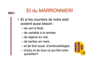 Mettre en spectacle
•  Donner de l‘emphase
(juste ce qu‘il faut)
•  Donner du sens (pas trop
non plus)
•  Donner plus d‘épaisseur
au positif
 