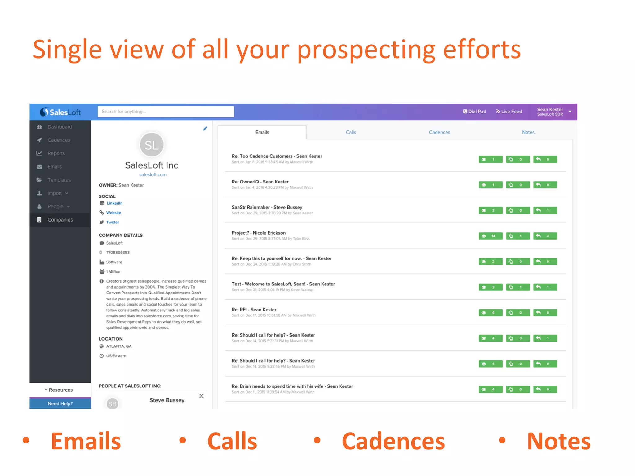 Single view of all your prospecting efforts
• Emails • Calls • Cadences • Notes
 